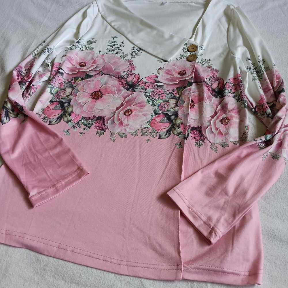 Cottagecore Pink Floral Long Sleeve Blouse White Pink Button Detail Size Small